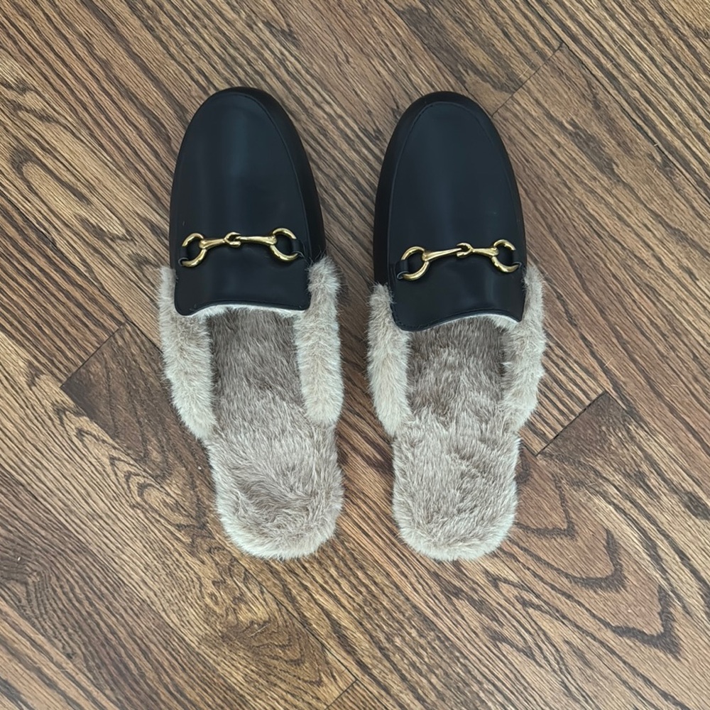 Buckle Fur Mules with Gold Buckle NWT